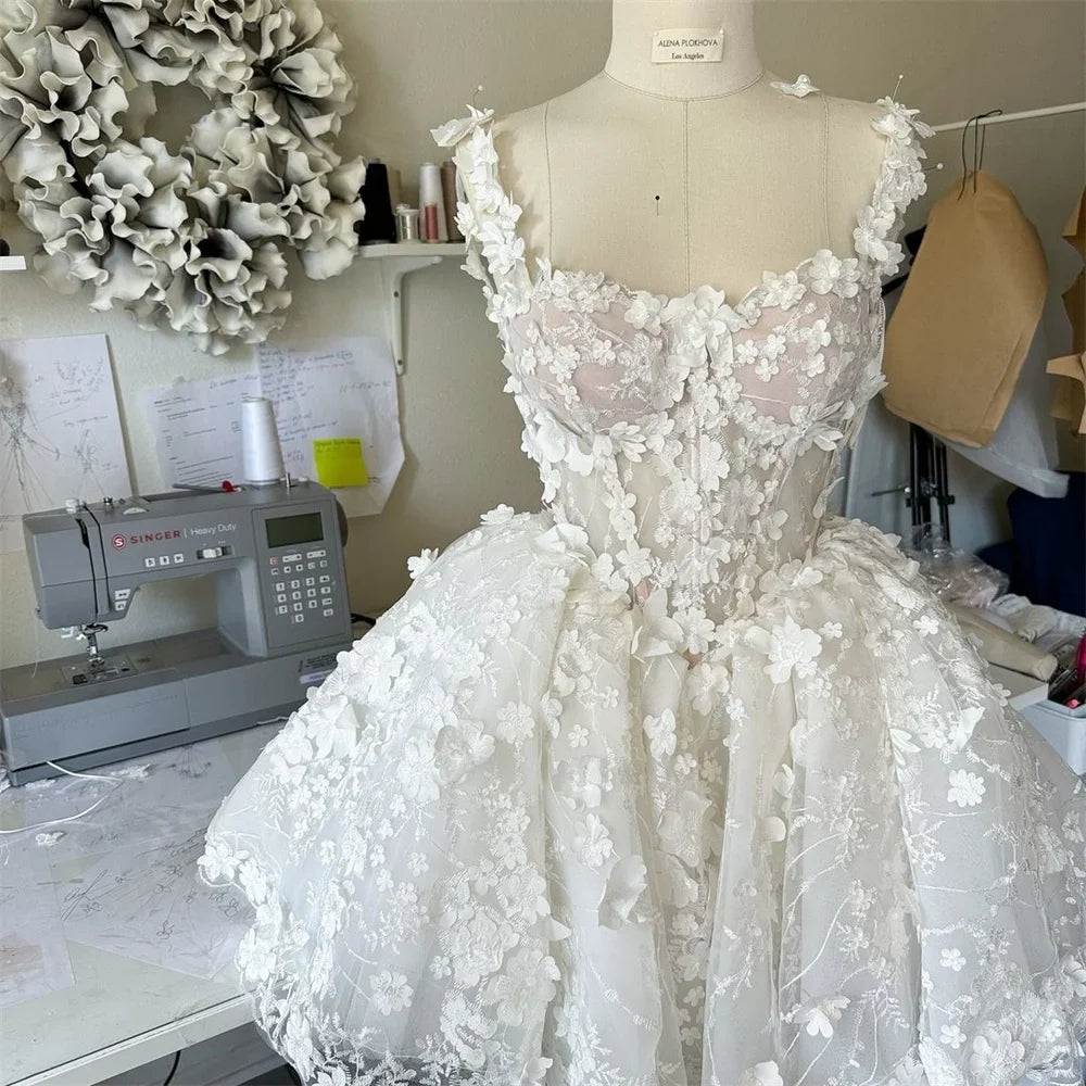 Boho Floral Lace Mini Ball Gown – Short Dress for Prom, Wedding or Evening, Custom Made