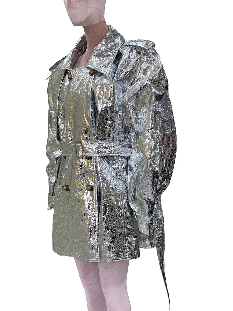Autumn Oversized Shiny Silver Trench Coat for Women Belt Double Breasted European Fashion Emo Clothes Y2K Streetwear