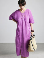 100% Ramie Maxi Dress – Women's V-Neck Solid Long Dress in Rose Purple