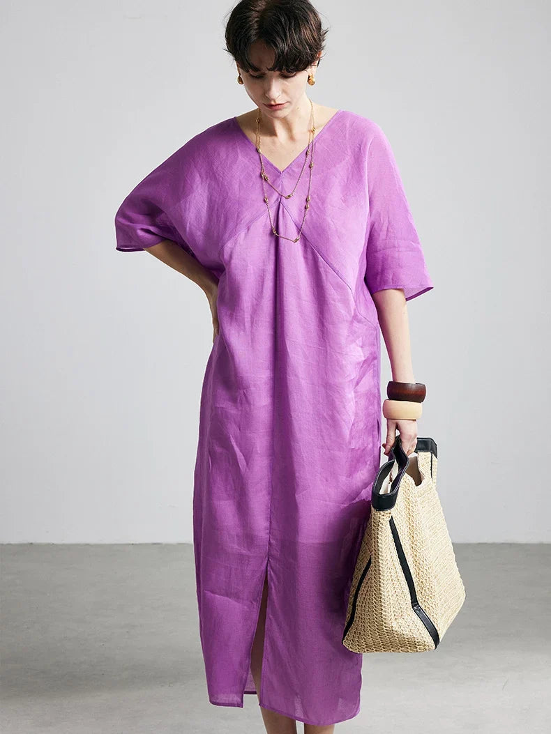 100% Ramie Maxi Dress – Women's V-Neck Solid Long Dress in Rose Purple
