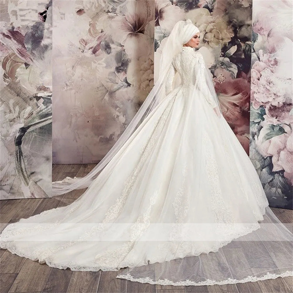 Modest High Neck Long Sleeve Wedding Dress – Tulle & Lace with Beading, Custom Made