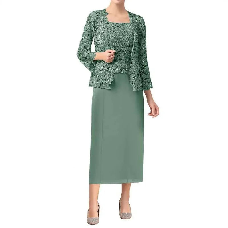 3/4 Sleeves Lace Applique Wedding Guest Dresses Vestido De Festa Longo Chiffon Mother Of The Bride Dress