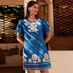 Elegant Flower Embroidery Wave Edge Dress Women Short Puff Sleeve O-neck Contrast Mini Dresses 2024 Summer Female Chic Vestidos