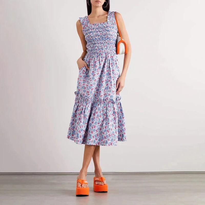 2024 Summer Retro Floral Square Neck Puff Sleeve Top, Skirt, and Dress for Women