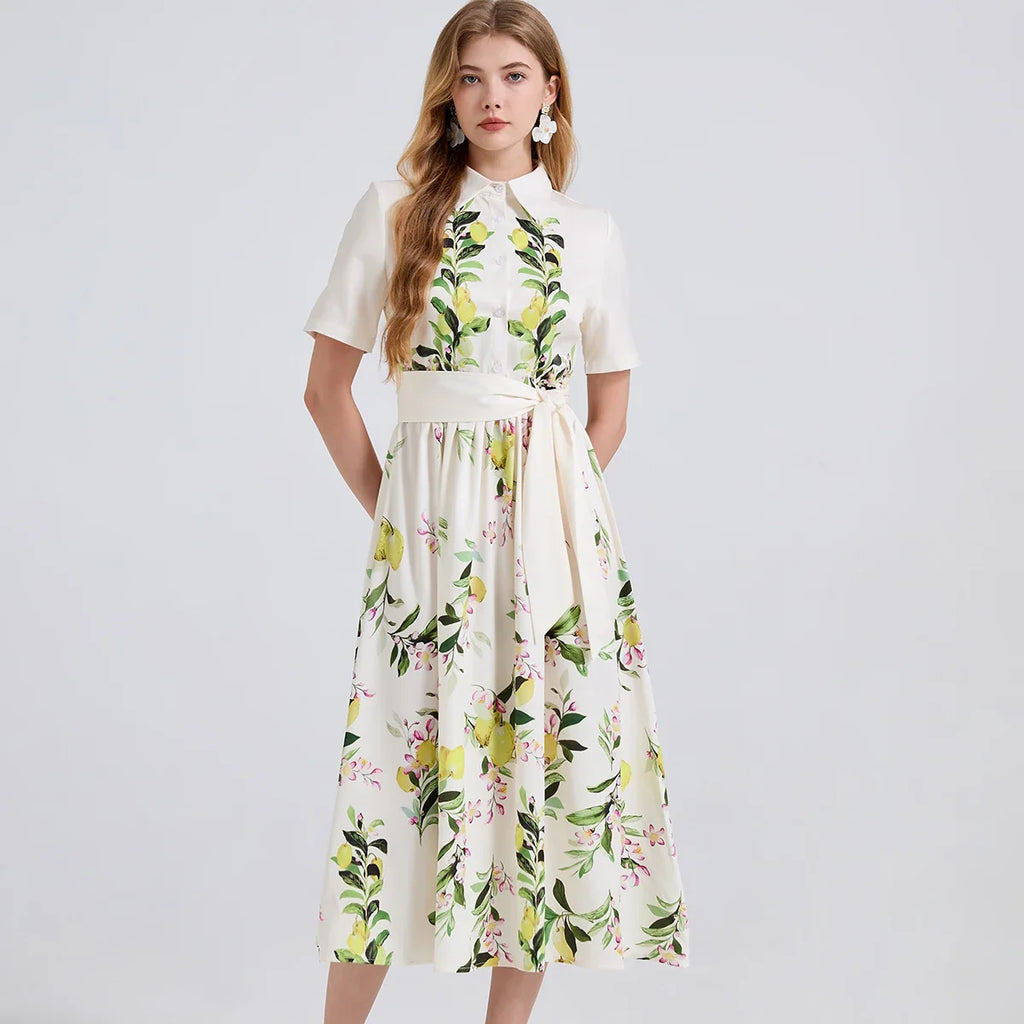2025 Brand Designer Pear Tree Print Long Shirt Dress  -  Summer Holiday Midi Dress for Women