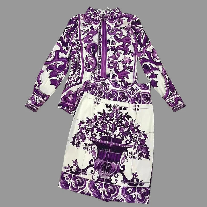 Elegant Women's Silk Top & Printed Cotton Skirt Set – 2-Piece Turn-Down Collar Outfit