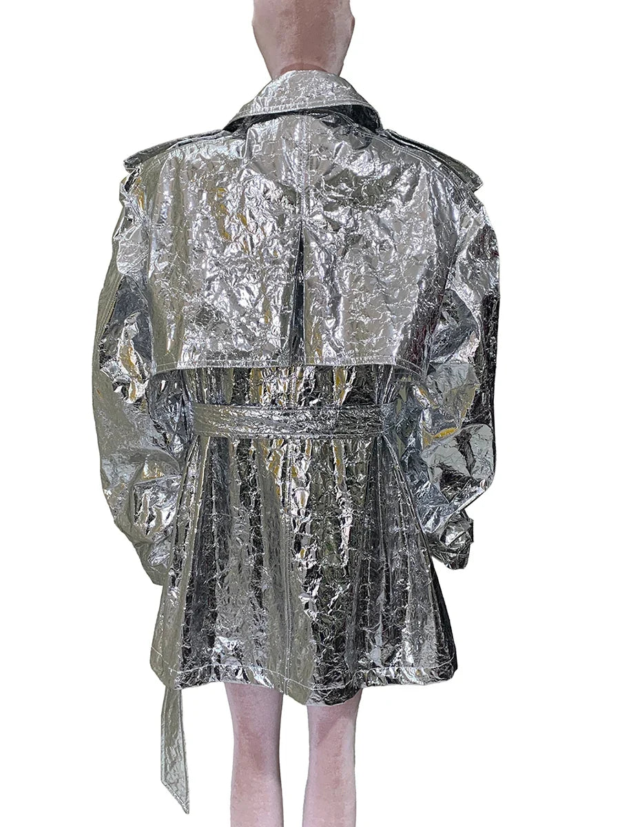Autumn Oversized Shiny Silver Trench Coat for Women Belt Double Breasted European Fashion Emo Clothes Y2K Streetwear
