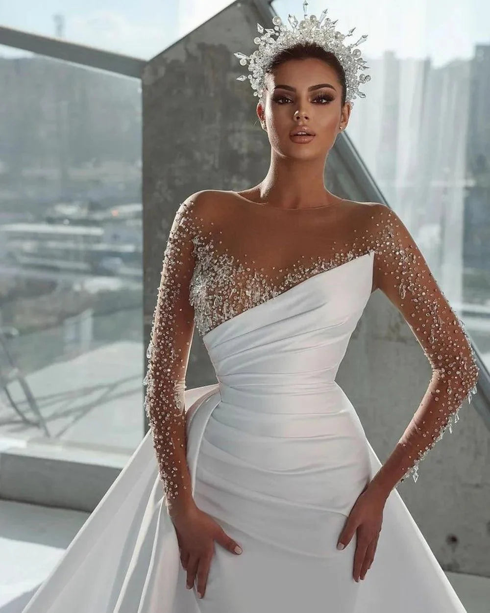 Mermaid Wedding Dress – Illusion Neckline, Beaded Long Sleeves & Detachable Overskirt, Custom Made