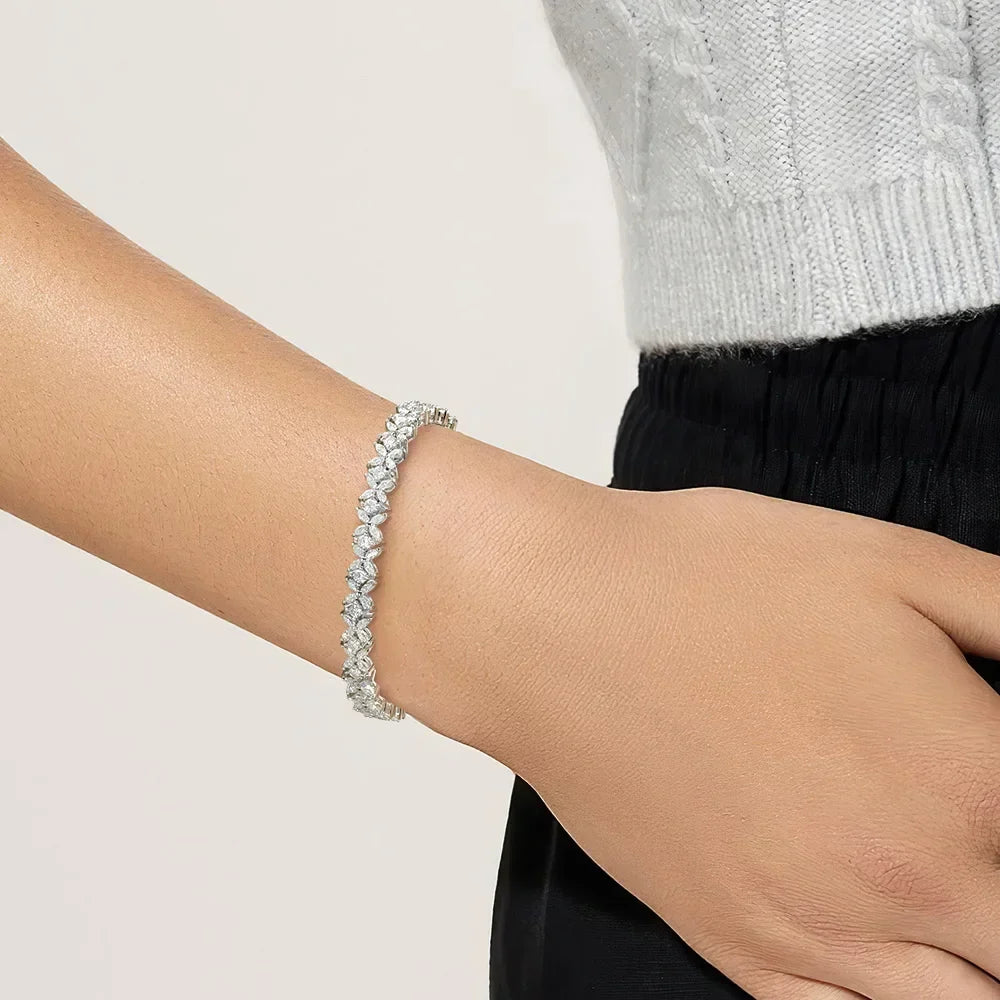 Four Petal Flower Marquise Round Cut Moissanite Diamond Tennis Bracelet for Women 925 Sterling Silver Wedding Fine Jewelry GRA