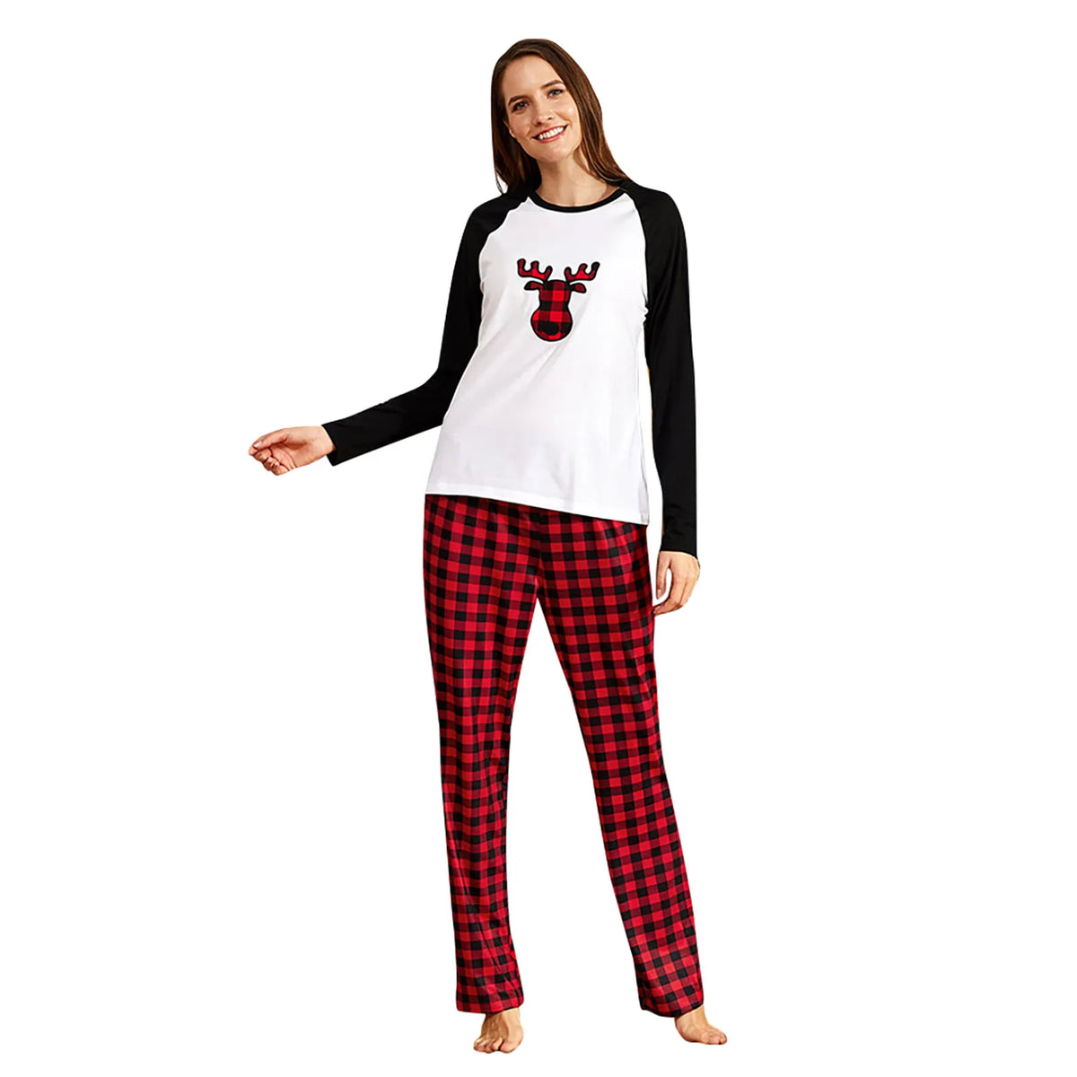 Cartoon Deer Christmas Pajama Set – Plaid Pants, Adult Sizes S–3XL