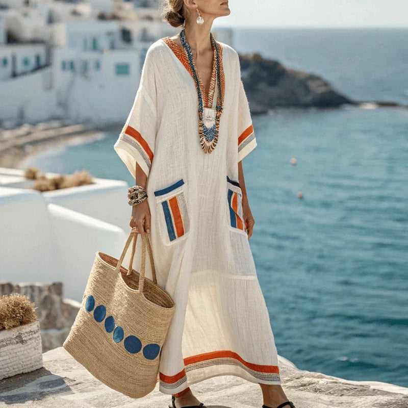 Elegant Lady 3/4 Sleeve Big Hem Vestidos Dress Simple Stripe Printed Pocket A-line Dress Fashion New V Neck Loose Leisure Robes