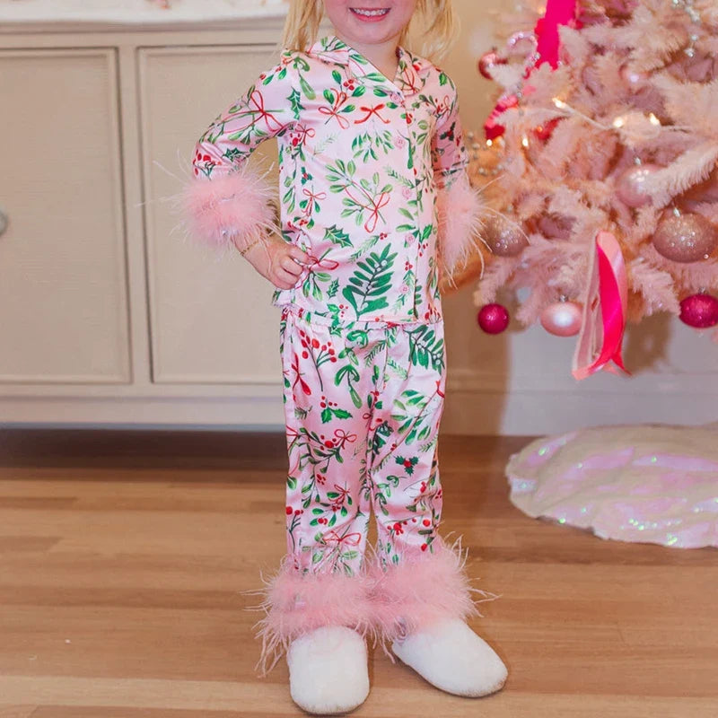 Christmas Leaves Print Mommy and Me Pajamas Set – Loose Top & Pants Family Matching Sleepwear