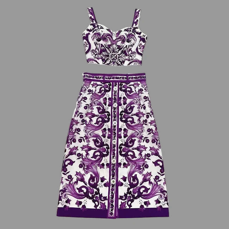 Elegant Women's Silk Top & Printed Cotton Skirt Set – 2-Piece Turn-Down Collar Outfit