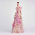 Colorful Tulle 3D Flower A-line Long Prom Gowns