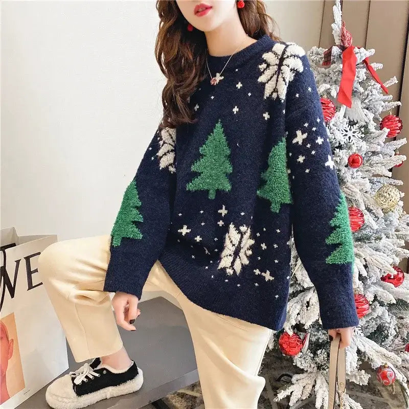 2024 Autumn/Winter Thickened Color blocked Christmas Sweater Women Hoodie Snowflake Loose Round Neck Lazy Style Tops