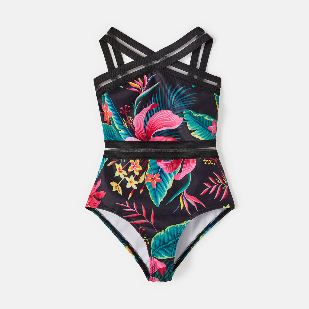 Family Matching Swimsuit Allover Plant Print Crisscross One-Piece Swimsuit and Swim Trunks