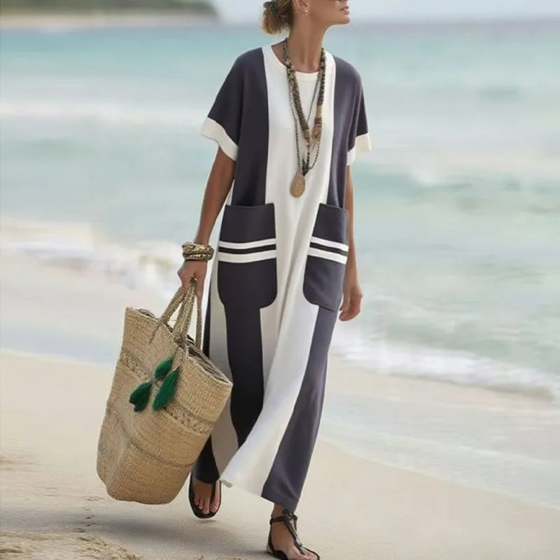 Elegant Patchwork Maxi Dress – Spring Summer Crew Neck Short Sleeve Boho Beach Dress with Side Split for Women
