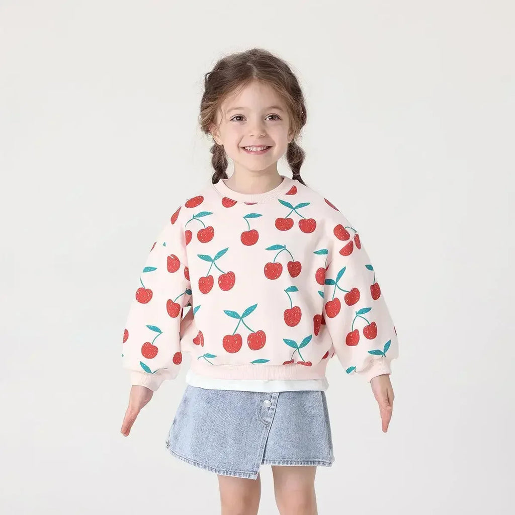 Girls Long Lantern Sleeve Sweatshirts Cherry Printed Round Neck Shirts Soft Cute Pullover Tops 231238