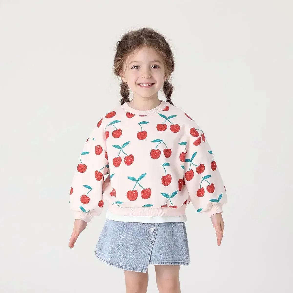 Girls Long Lantern Sleeve Sweatshirts Cherry Printed Round Neck Shirts Soft Cute Pullover Tops 231238