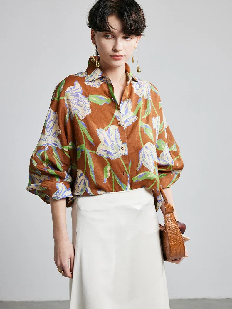 100% Ramie Floral Blouse  -  Pink Turn-Down Collar Shirt