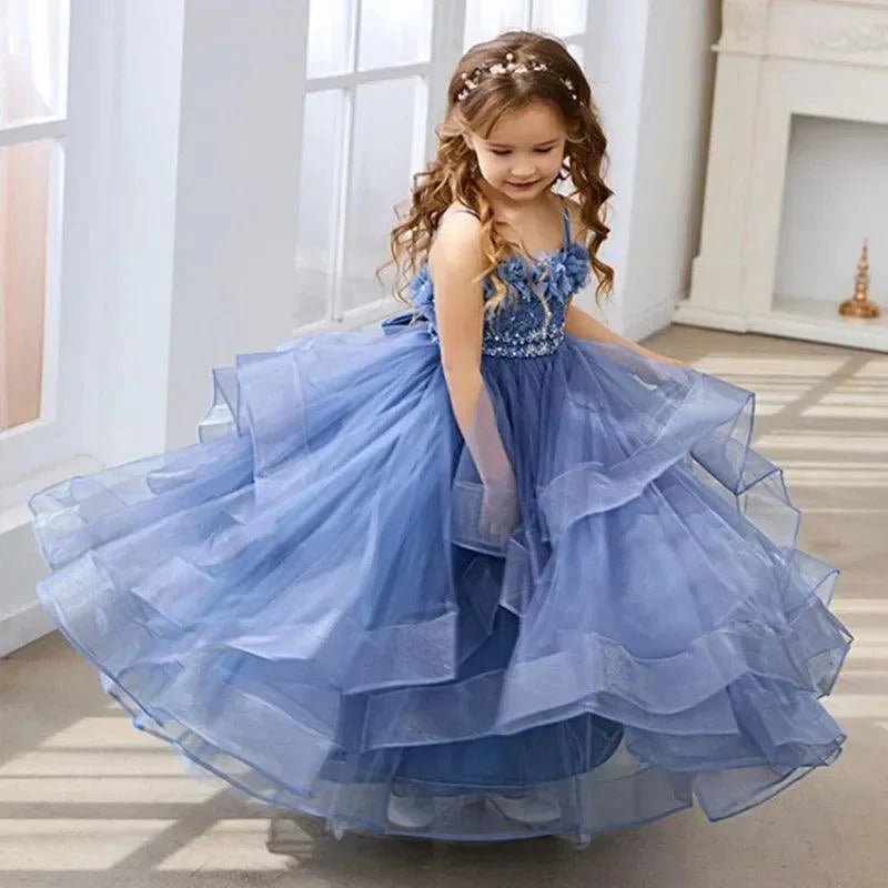 Blue Lace Tulle Flower Girl Dress - Spaghetti Straps