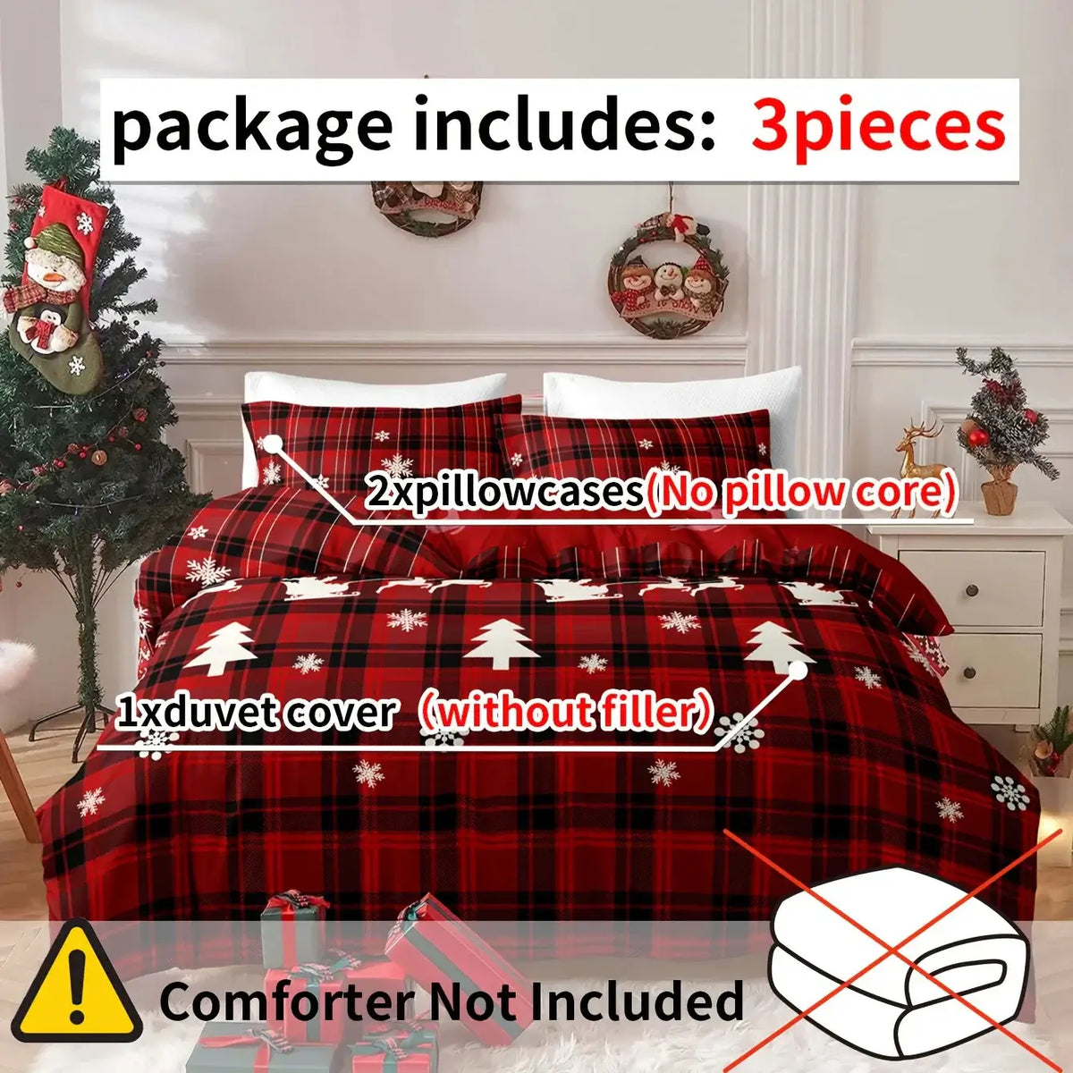 3-Piece Christmas Duvet Cover Set – Soft, Breathable, Hypoallergenic Fabric with Checkered Elk and Snowflake Print