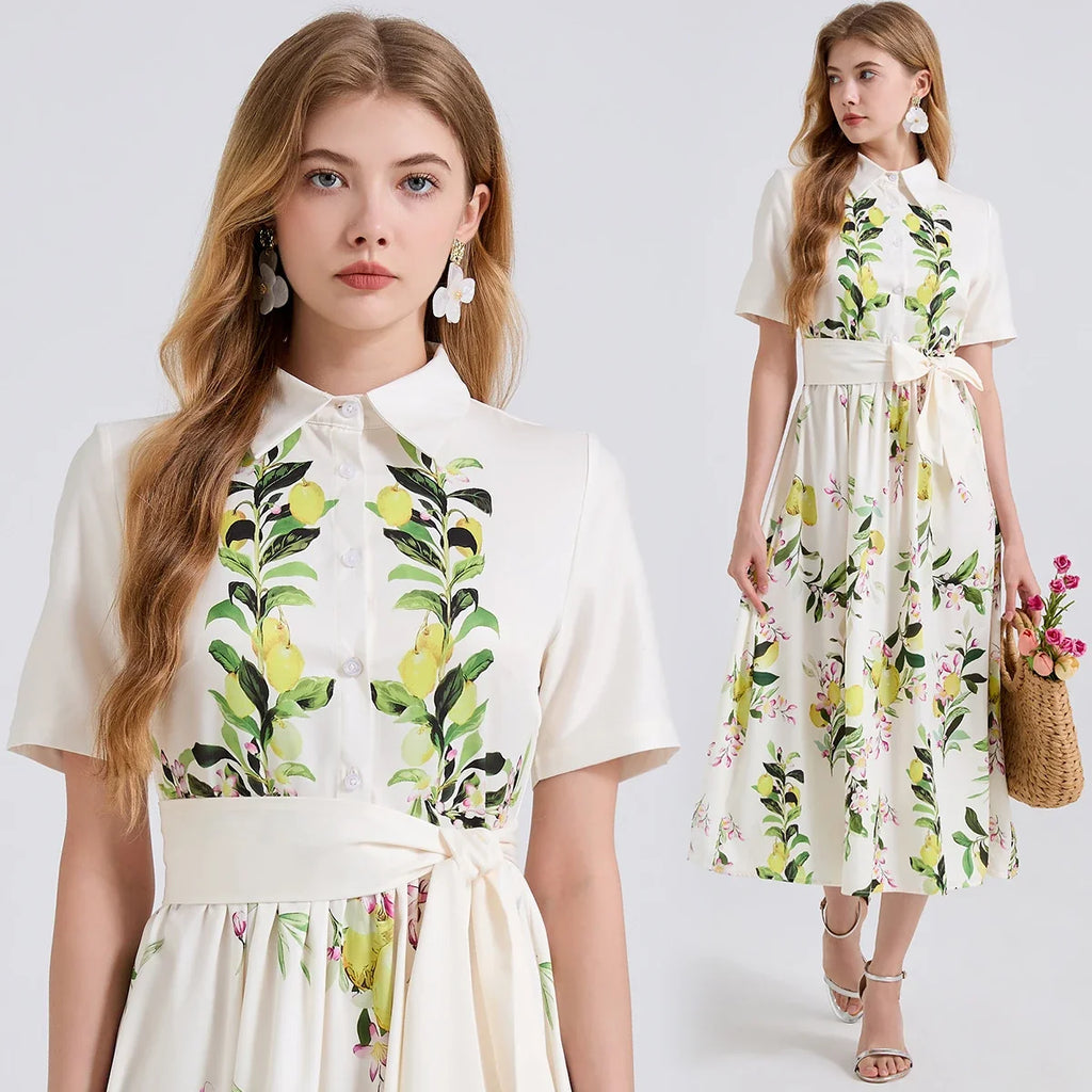 2025 Brand Designer Pear Tree Print Long Shirt Dress  -  Summer Holiday Midi Dress for Women