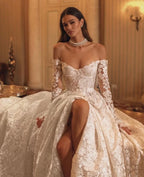 Luxury Vintage A-Line Lace Wedding Dress – Off-the-Shoulder & Long Sleeves, Custom Made