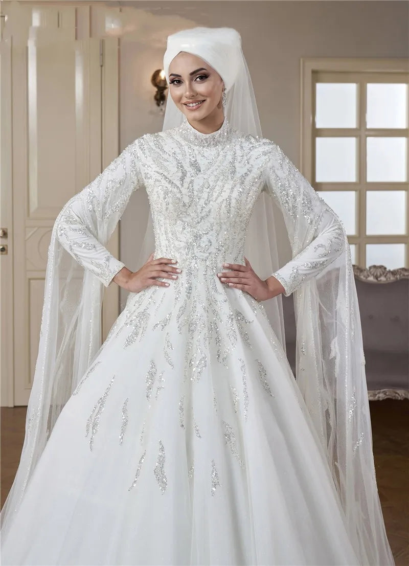 Luxury High-Neck Sequin Wedding Dress – Full Sleeve Kaftan Style Bridal Gown, Custom Made