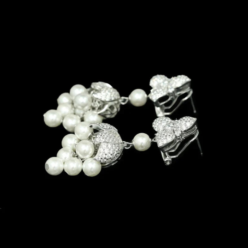 Boutique Design Jewelry 925 Silver Gold-Plated Synthetic Zircon White Round Pearl Tassel Earrings