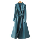 Elegant Sheepskin Leather Trench Coat for Women  –  Double Breasted Office Lady Long Coat with Pockets & Adjustable Waist