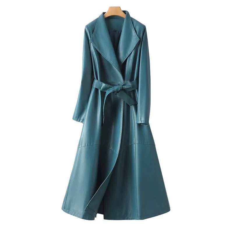 Elegant Sheepskin Leather Trench Coat for Women  –  Double Breasted Office Lady Long Coat with Pockets & Adjustable Waist