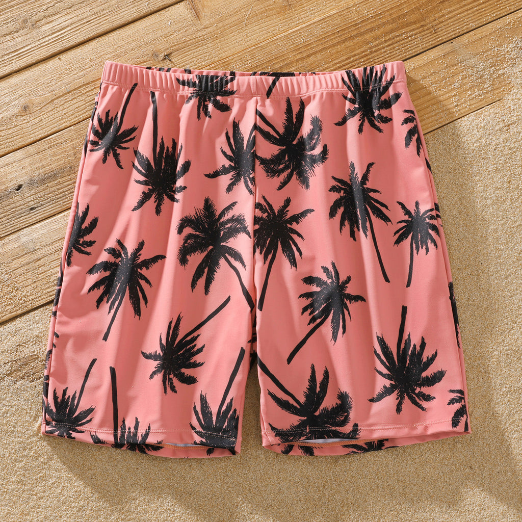 Family Matching Coconut Tree Print Swimwear – Pink Swim Trunks & Spaghetti Strap One-Piece Swimsuit