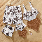 Family Matching Coconut Tree Print Swimwear  |  Ruched One-Piece Swimsuit & Swim Trunks Beach Set