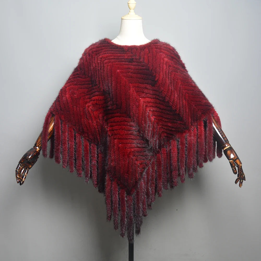 2024 Hot Sale Women Real Fur Poncho Black Brown Knitted Natural Mink Fur Scarves Shawl Lady Fashion 100% Genuine Mink Fur Shawls