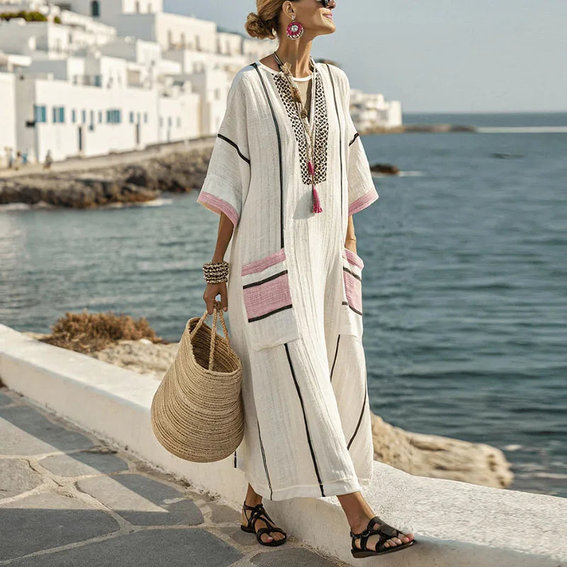 Elegant Bohemian Maxi Dress – Summer V-Neck Short Sleeve Casual Vacation Dress with Pockets for Women