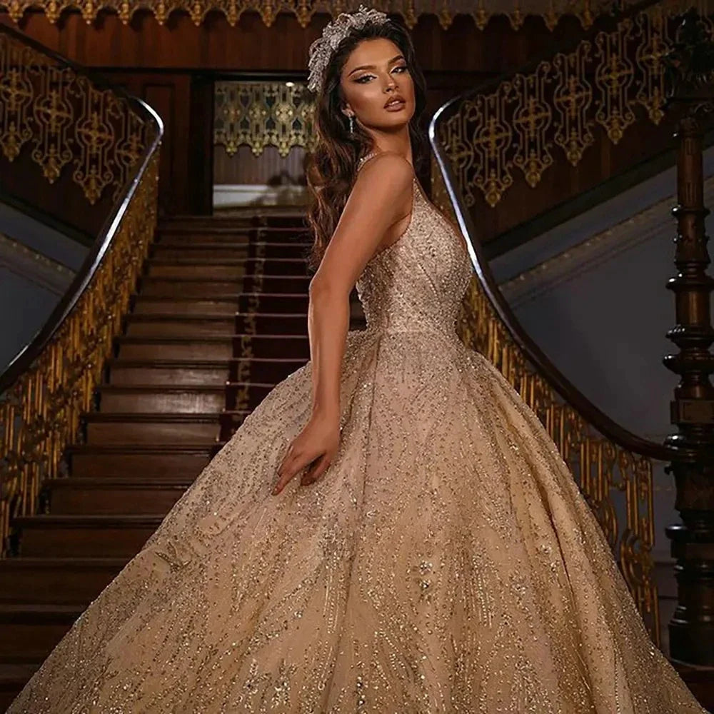 Crystal Ball Gown Wedding Dress – Diamond Beading & Floor-Length Shine, Custom Made