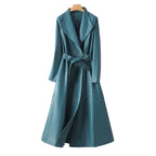 Elegant Sheepskin Leather Trench Coat for Women  –  Double Breasted Office Lady Long Coat with Pockets & Adjustable Waist