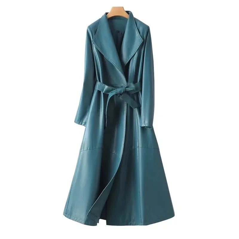 Elegant Sheepskin Leather Trench Coat for Women  –  Double Breasted Office Lady Long Coat with Pockets & Adjustable Waist