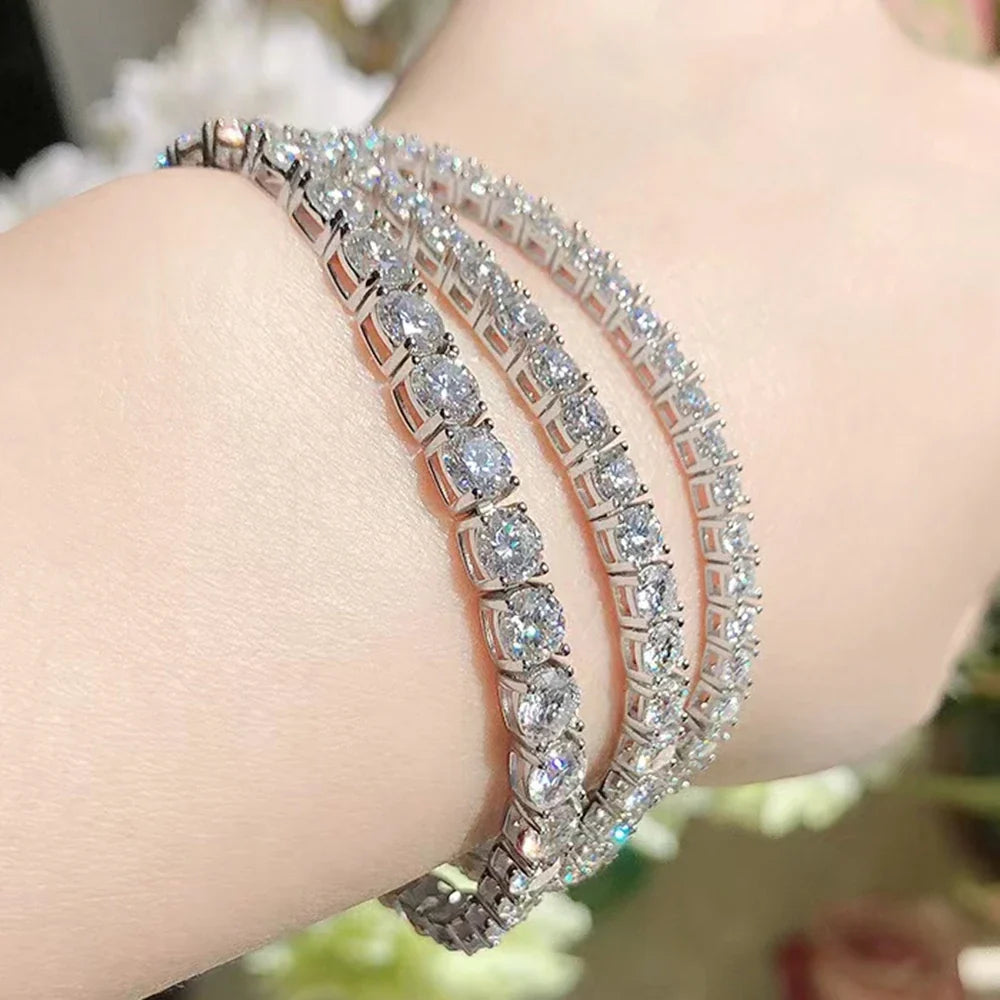 925 Sterling Silver Moissanite Tennis Bracelet 3EX Round Cut VVS1 D Color (3mm/4mm/5mm) | Adjustable 15-20cm | Elegant Gift for Women