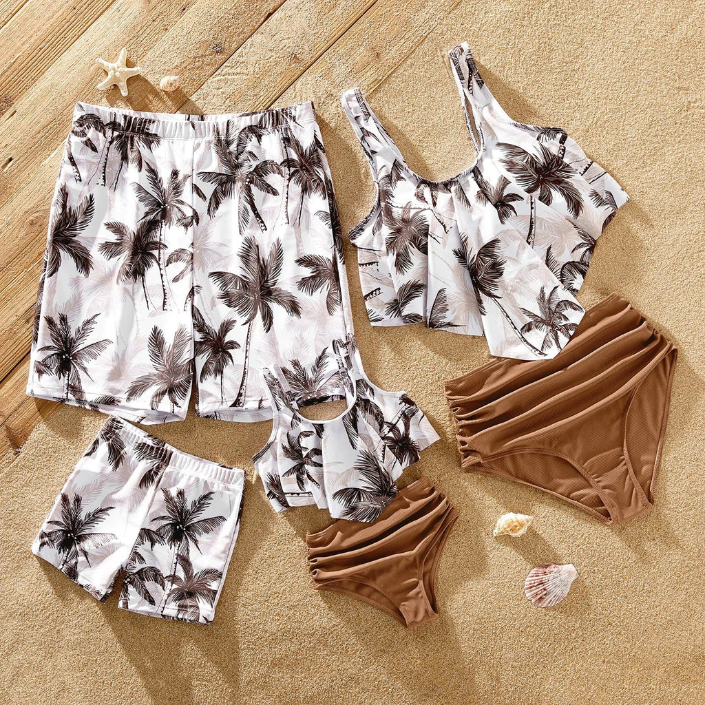 Family Matching Coconut Tree Print Swimwear  |  Ruched One-Piece Swimsuit & Swim Trunks Beach Set