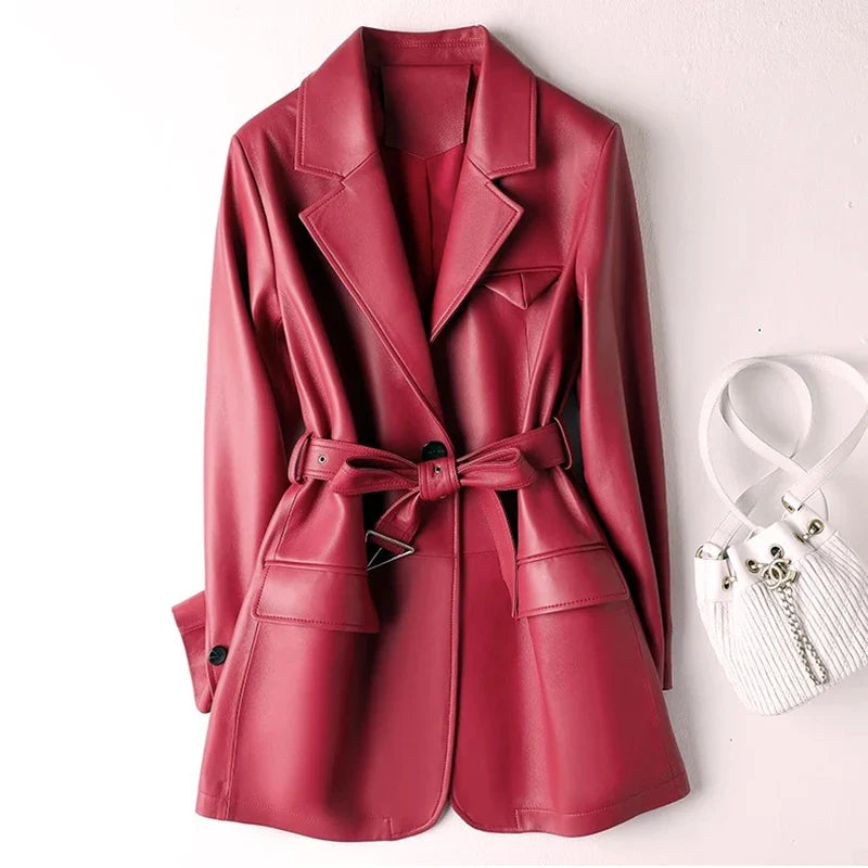 Chic Red Women’s Genuine Sheepskin Leather Blazer with Belt – Turn-Down Collar Mid-Length Jacket