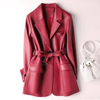 Chic Red Women’s Genuine Sheepskin Leather Blazer with Belt – Turn-Down Collar Mid-Length Jacket