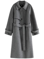 100% Wool Women€™s Long Double-Breasted Coat – Belted, Windbreaker Style with Lapel in Grey and Navy Blue