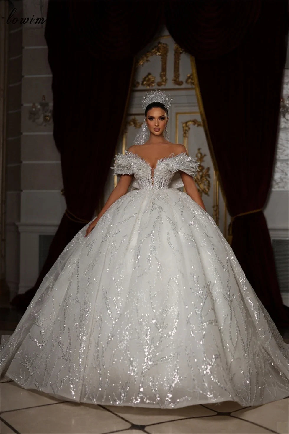 Sparkly Sequined A-Line Wedding Dress – Princess Chapel Train, Custom Made