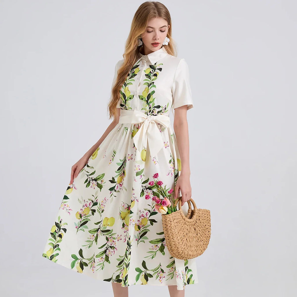2025 Brand Designer Pear Tree Print Long Shirt Dress  -  Summer Holiday Midi Dress for Women