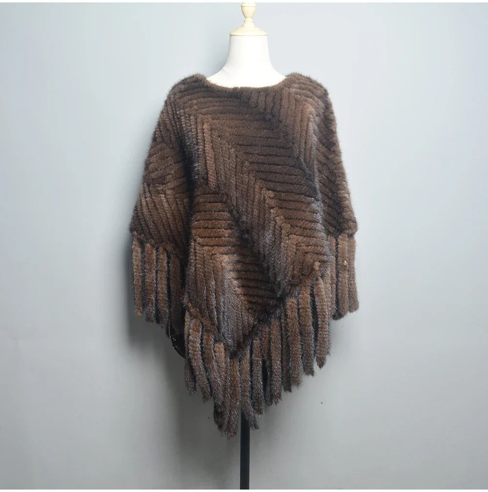 2024 Hot Sale Women Real Fur Poncho Black Brown Knitted Natural Mink Fur Scarves Shawl Lady Fashion 100% Genuine Mink Fur Shawls