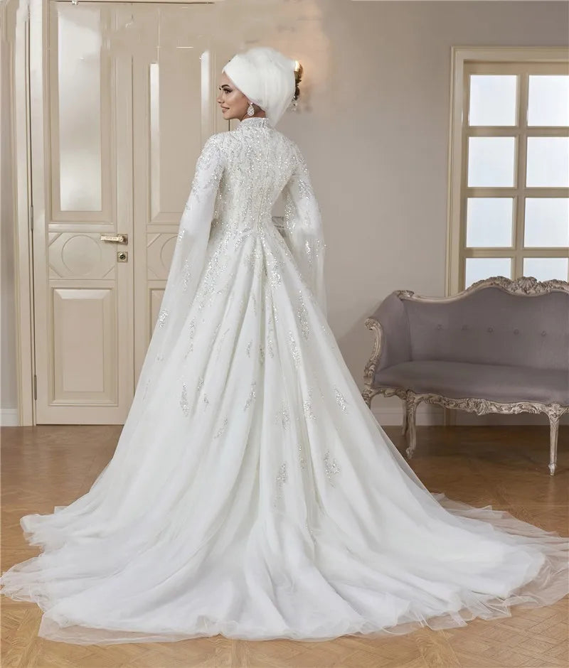 Luxury High-Neck Sequin Wedding Dress – Full Sleeve Kaftan Style Bridal Gown, Custom Made
