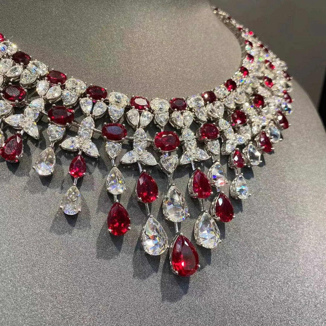 925 Sterling Silver Luxury Elegant Waterdrop Synthetic Ruby and Diamond Gemstone Necklace Wedding & Party Jewelry for Women