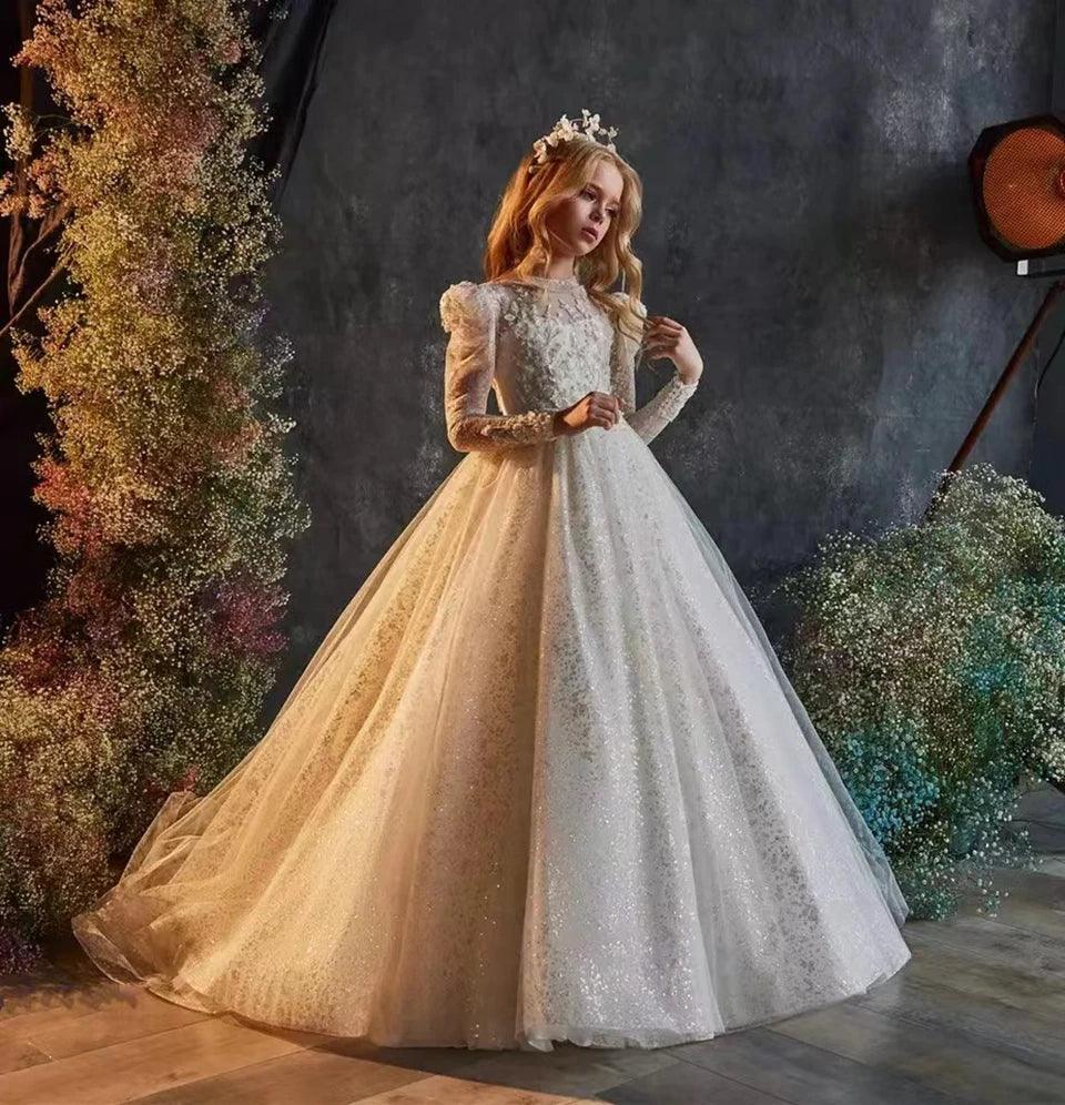 Gold Sequin Long Sleeve Flower Girl Dress